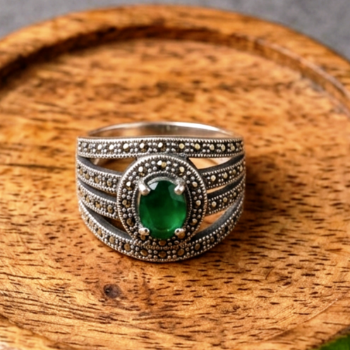 Oval Emerald Marcasite Silver Ring